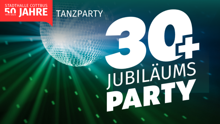 Plakat mit Discokugel und Schrift 30+ Jübiläumsparty